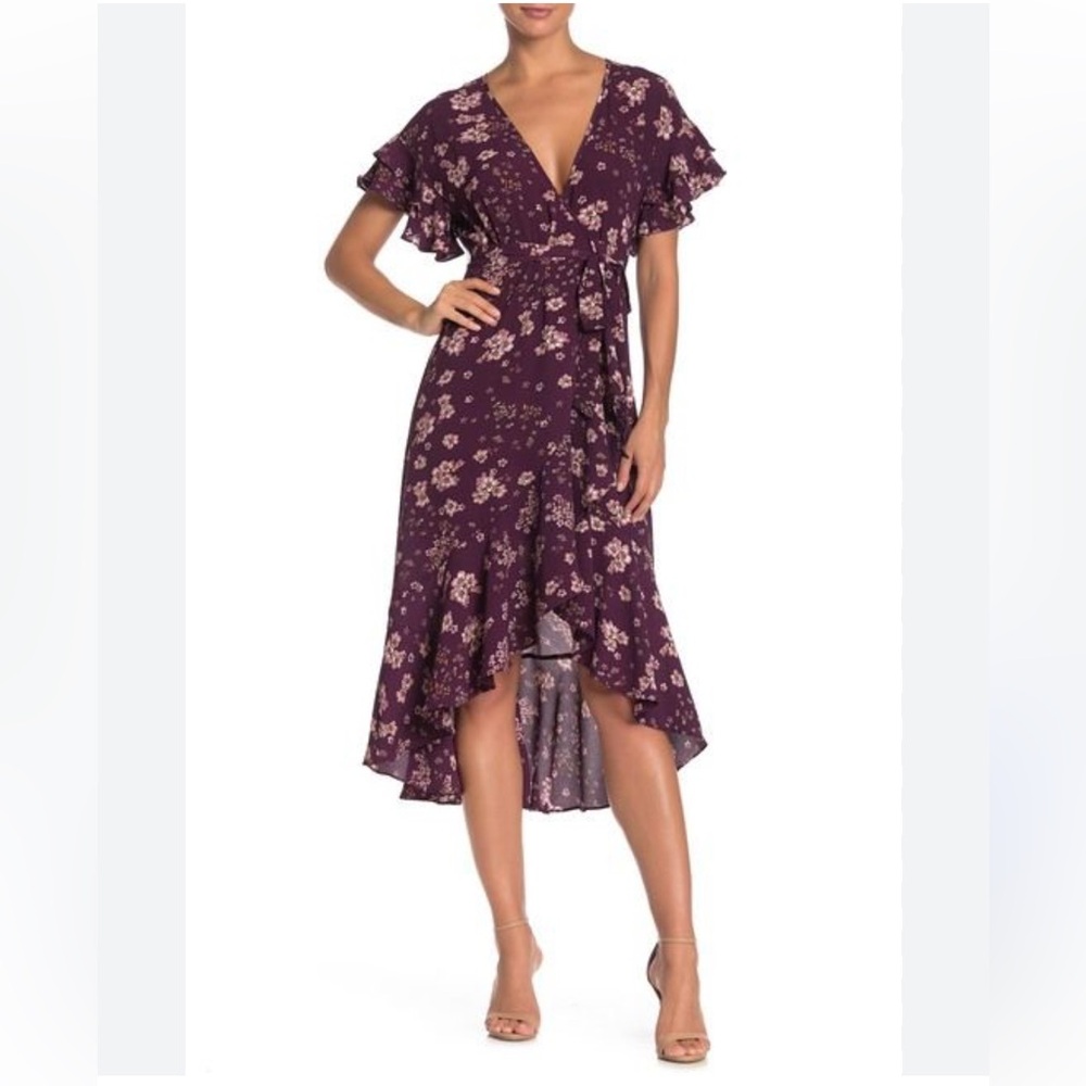 Max Studio Plum Floral Wrap Midi Dress